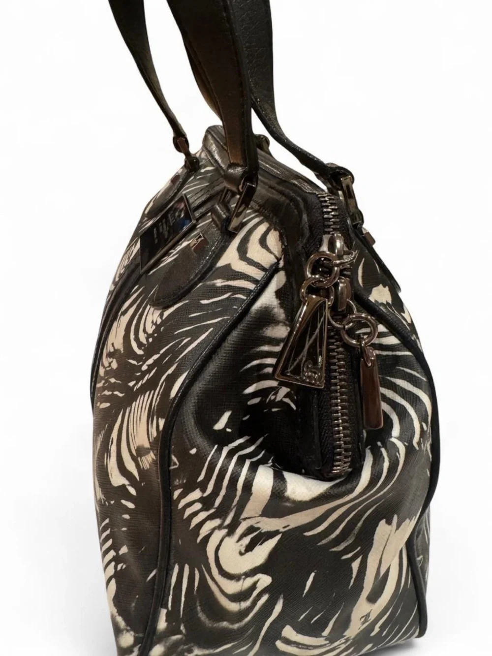 L.A.M.B. Black & Cream Patterned Satchel with Top Handles